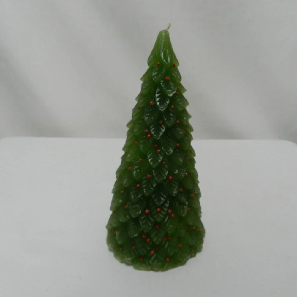Crate & Barrel Christmas Tree w/Holly Candle green red Holidays 7